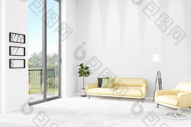 全新的白色阁楼卧室简约风格的室内设计，带有空间墙面和窗外的景观。三维渲染。