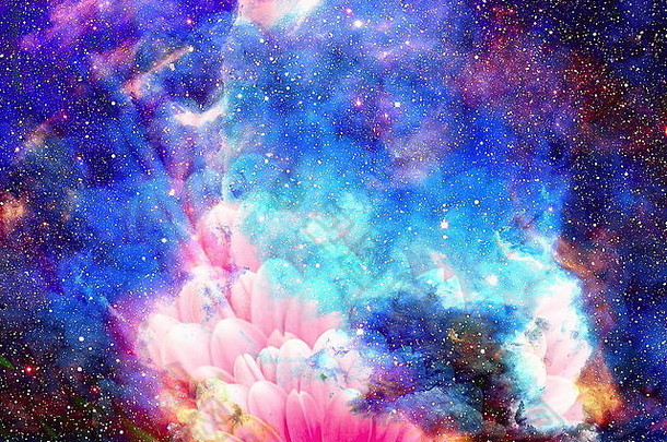 空间和星星与花，彩色galaxi背景，电脑拼贴。