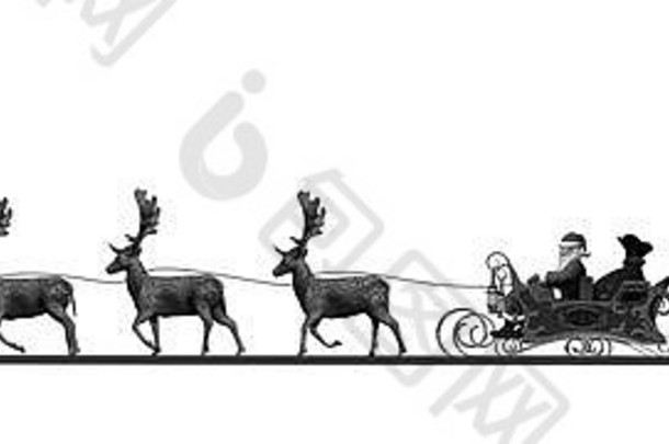 圣诞全景-圣诞老人、雪橇、驯鹿、树木-黑白