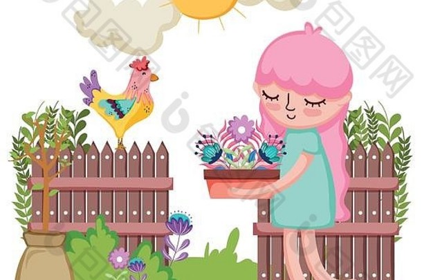 女孩提升室内植物公鸡花园
