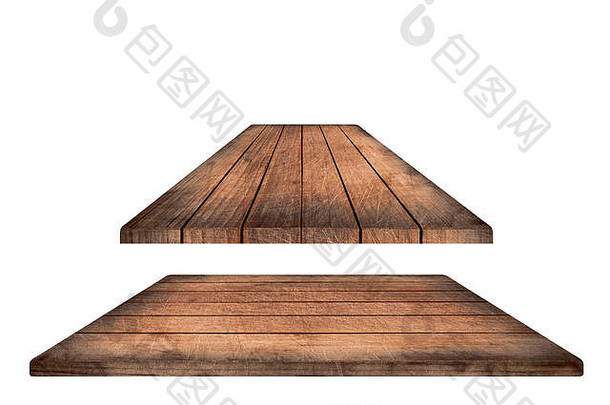 空的棕色木制桌面，白色背景上的垂直木板