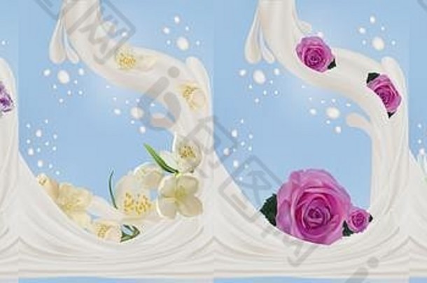 把花放在溅牛奶的地方。3d真的茉莉花、玫瑰、洋甘菊、兰花。美丽的插图。横幅