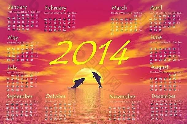 2014年月历和两只<strong>小海豚</strong>在红色夕阳的背景下向太阳跳上海洋的阴影