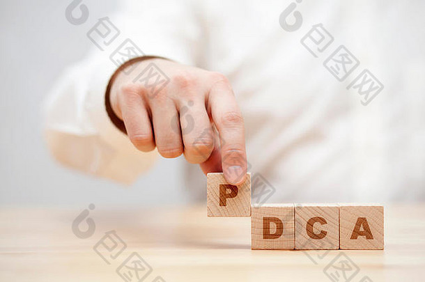 手工和文字PDCA（计划、执行、检查、行动）由木制积木制成