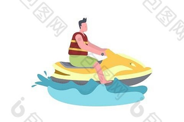 一个人骑着摩托艇。暖黄红色插图
