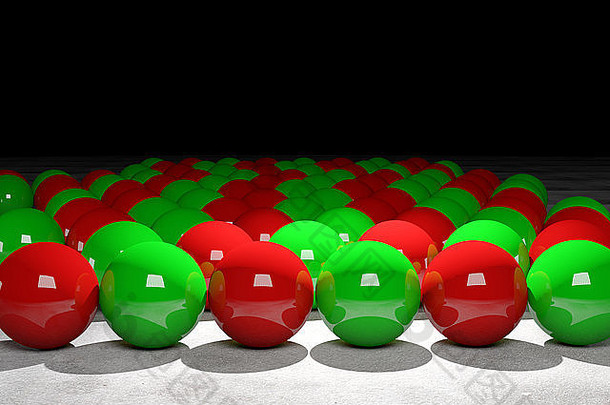 大量绿色和红色球的3d渲染