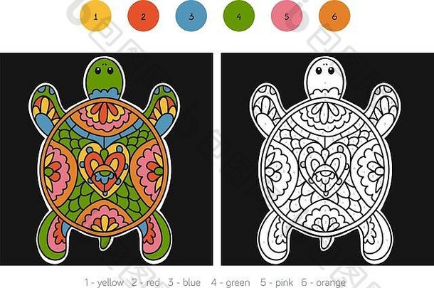 数字颜色，儿童教育游戏，乌龟