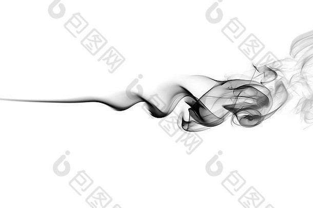 抽象黑烟在白色背景上旋转。照片