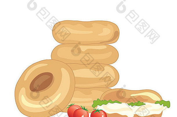 插图堆栈百吉饼倾斜填满奶油奶酪生菜樱桃西红柿