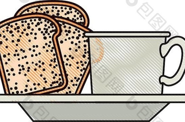咖啡杯面包片菜彩色的蜡笔轮廓白色背景