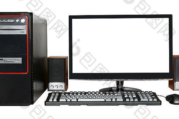 黑色台式电脑、带剪切屏的宽屏显示器、键盘、鼠标、白色背景上隔离的扬声器