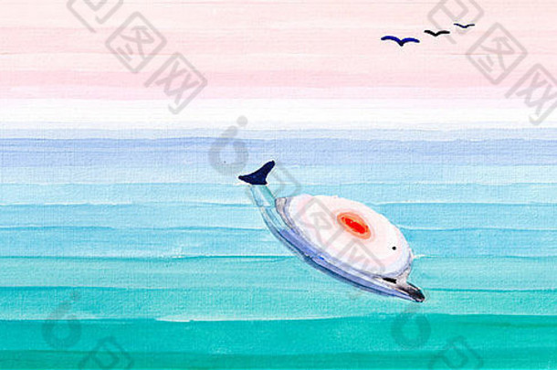 颜色梯度程式化的海水景海鸥海豚