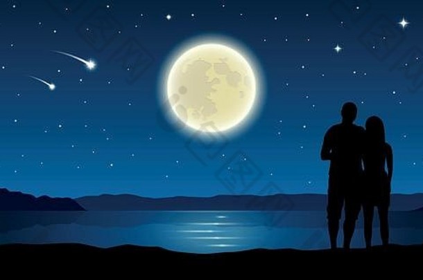 浪漫之夜，一对情侣在湖边与满月和流星相爱
