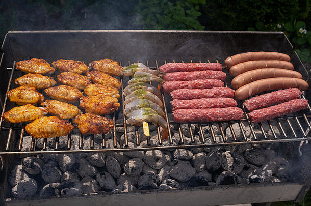 混合分类腌制肉鸡虾烧烤热煤烧烤夏天户外聚会，派对美味的餐准备
