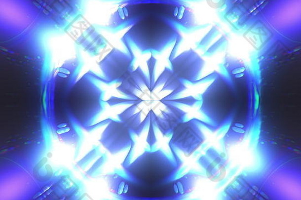 计算机生成的分形蓝色万花筒背景，闪烁的蓝光，3d渲染