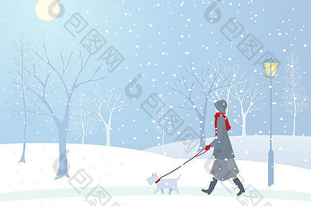 一个女人在雪地公园里遛狗的插图，公园里有一盏老式的灯和结了霜的树