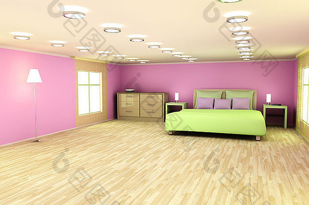 粉红色的卧室。3D渲染插<strong>图</strong>。