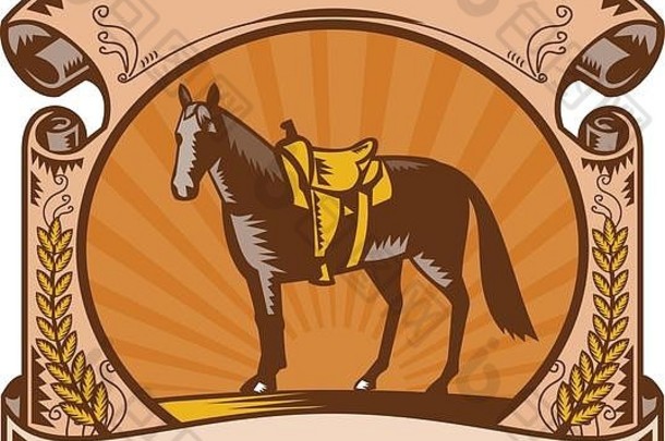 图为一匹没有骑手的马，老式西式马鞍位于牧场围栏内，椭圆形内有卷轴、月桂叶和阳光，背景为复古木刻风格。