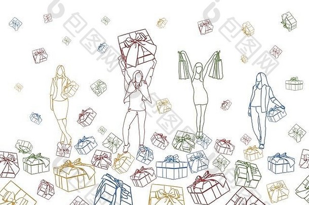 剪影女孩团体手持礼品盒和购物袋涂鸦快乐妇女节概念