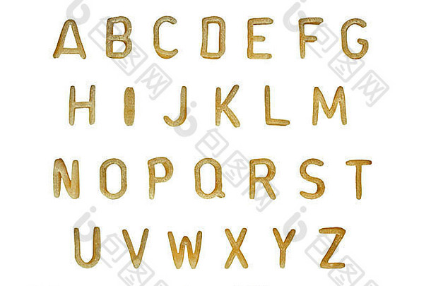 字母汤意大利面字体。由儿童食品制成的印刷字体。