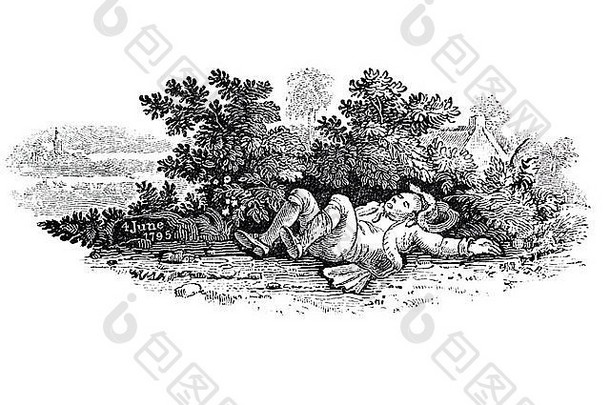 179年6月4日，一位旅行者喝着水，老磨坊主躺在灌木丛中，醉醺醺地喝着枣核，喝着国王的生日酒