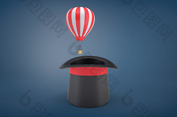红色和白色的热气球从黑色的大魔术师帽子里飞出来的3d效果。