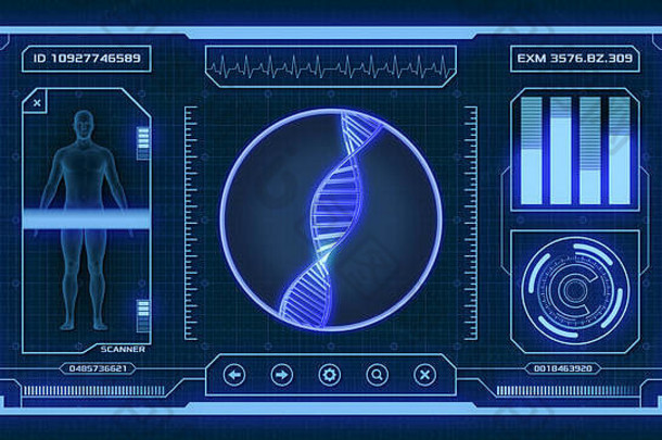 医疗和科学用途的未来应用程序界面-人类dna扫描仪（3d渲染）