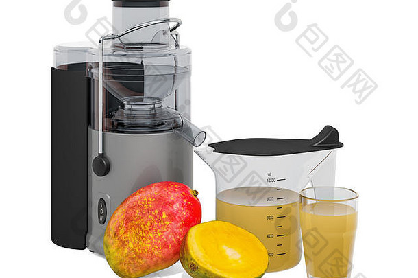 芒果汁电榨汁机呈现孤立的白色背景