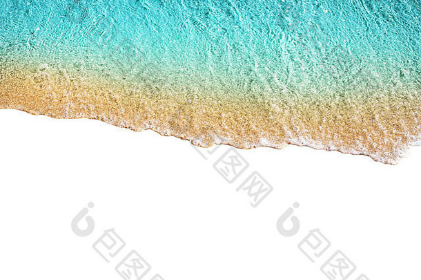 白色背景上的蓝色海浪潮汐图案孤立特写俯视图，绿松石色海水冲浪纹理，夏季假期边框，空间