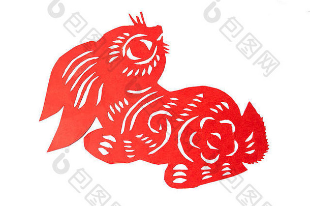 红色中国剪纸兔形