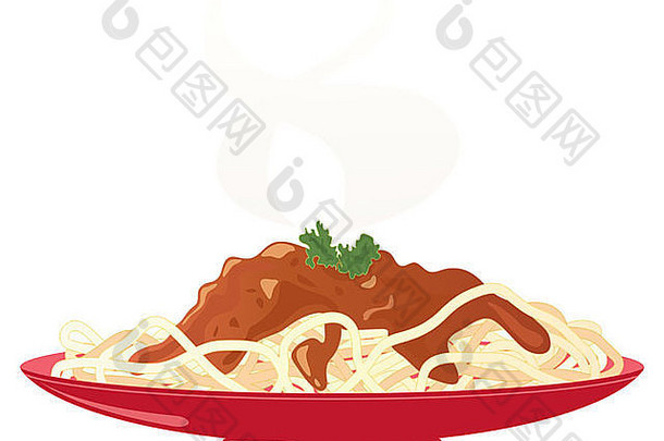 插图红色的板餐美味的意大利面肉酱欧芹装饰蒸汽孤立的白色