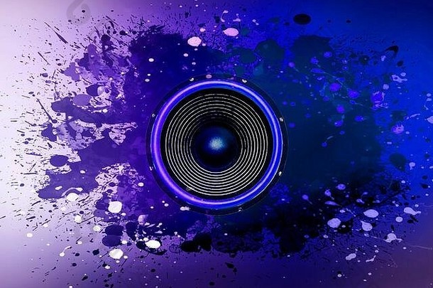 蓝色和紫色音频扬声器，背景为油漆飞溅
