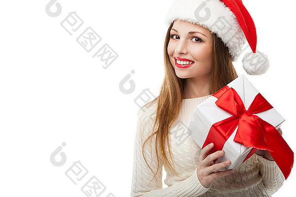 圣诞节圣诞老人他孤立的女人持有圣诞节礼物微笑快乐女孩白色背景