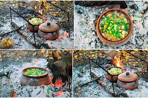 拼贴-在火上的锅中烹饪