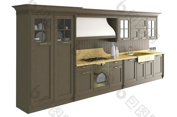 白色3D插图上的厨房家具
