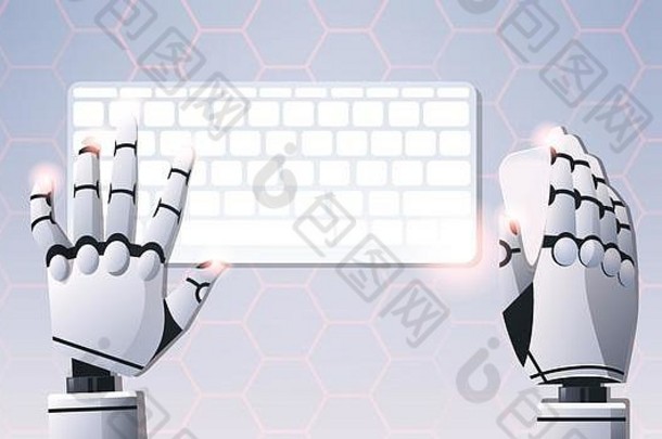 机器人手持鼠标使用电脑键盘打字顶角视图人工智能数字未来技术概念平面水平