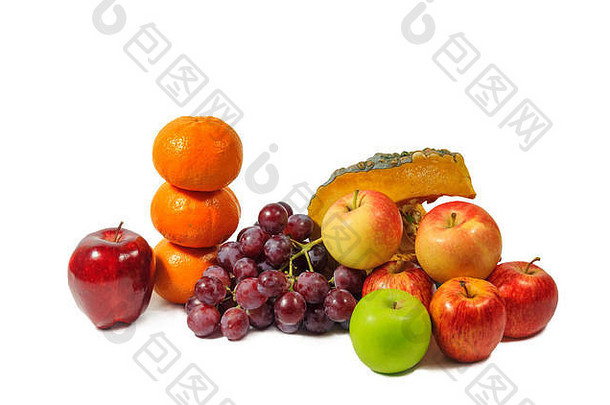 水果，苹果，橙子，葡萄，孤立的白色背景。