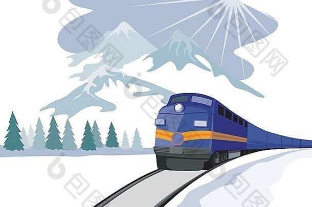 插图火车标题前面太阳景观背景复古的风格