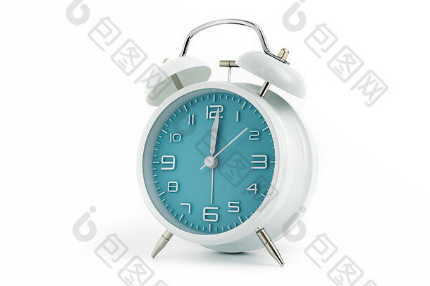 带有绿松石钟面的双钟模拟闹钟显示12点1分，12点01分；白色背景上的概念