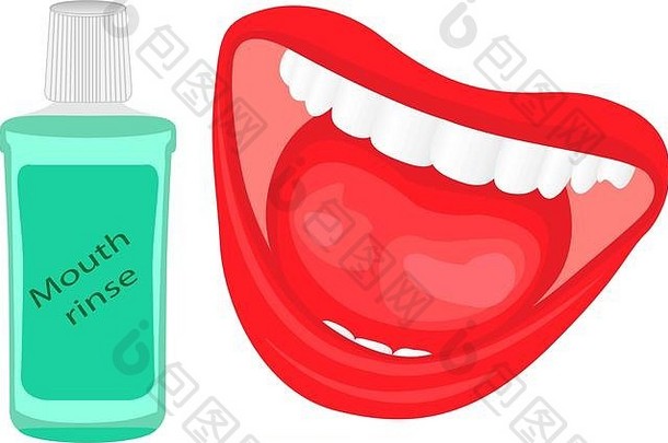 漱口液和可爱的微笑口腔，展示健康的白色牙齿