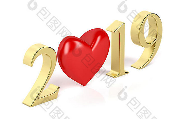 2019年新年快乐卡，金色数字和红色心形