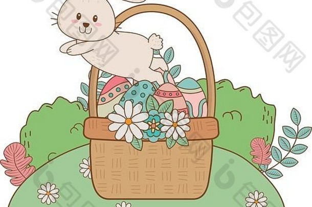 花园里篮子里画着蛋的小兔子