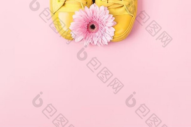 黄色的运动鞋粉红色的非洲菊花最小的布局社会网络的地方文本产品柔和的颜色