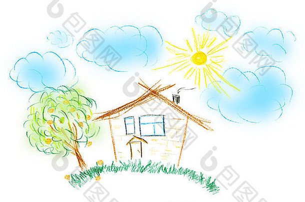 孩子的画房子简单的蜡笔画风格