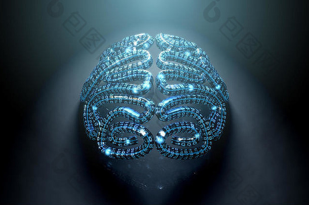 一个程式化的大脑，带有二进制计算机数据代码，在一个孤立的暗聚光背景上描绘人工智能-3D渲染