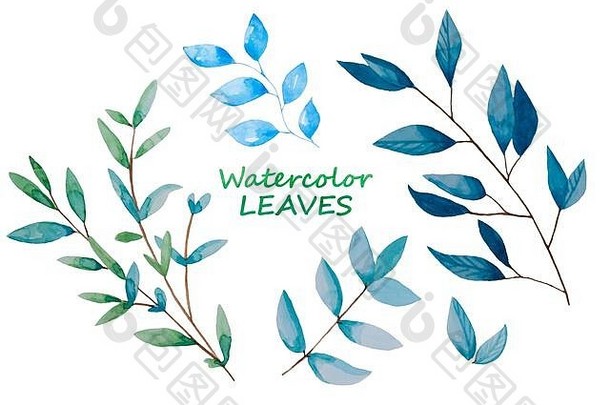 手绘树叶，水彩插图。绿色和蓝色的春天，复活节植物元素。