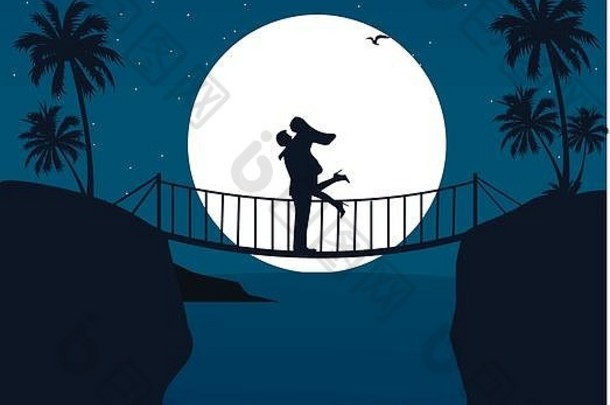 男人。女人夫妇拥抱轮廓月亮背景桥浪漫的场景
