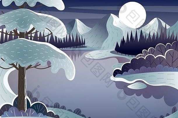 晚上冬天景观山湖月亮
