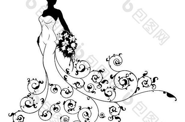 婚礼新娘轮廓新娘白色新娘衣服礼服持有花花束花摘要花帕特