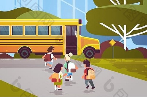 一组背着背包的混血学生步行到黄色巴士回学校学生交通概念景观背景平面全长